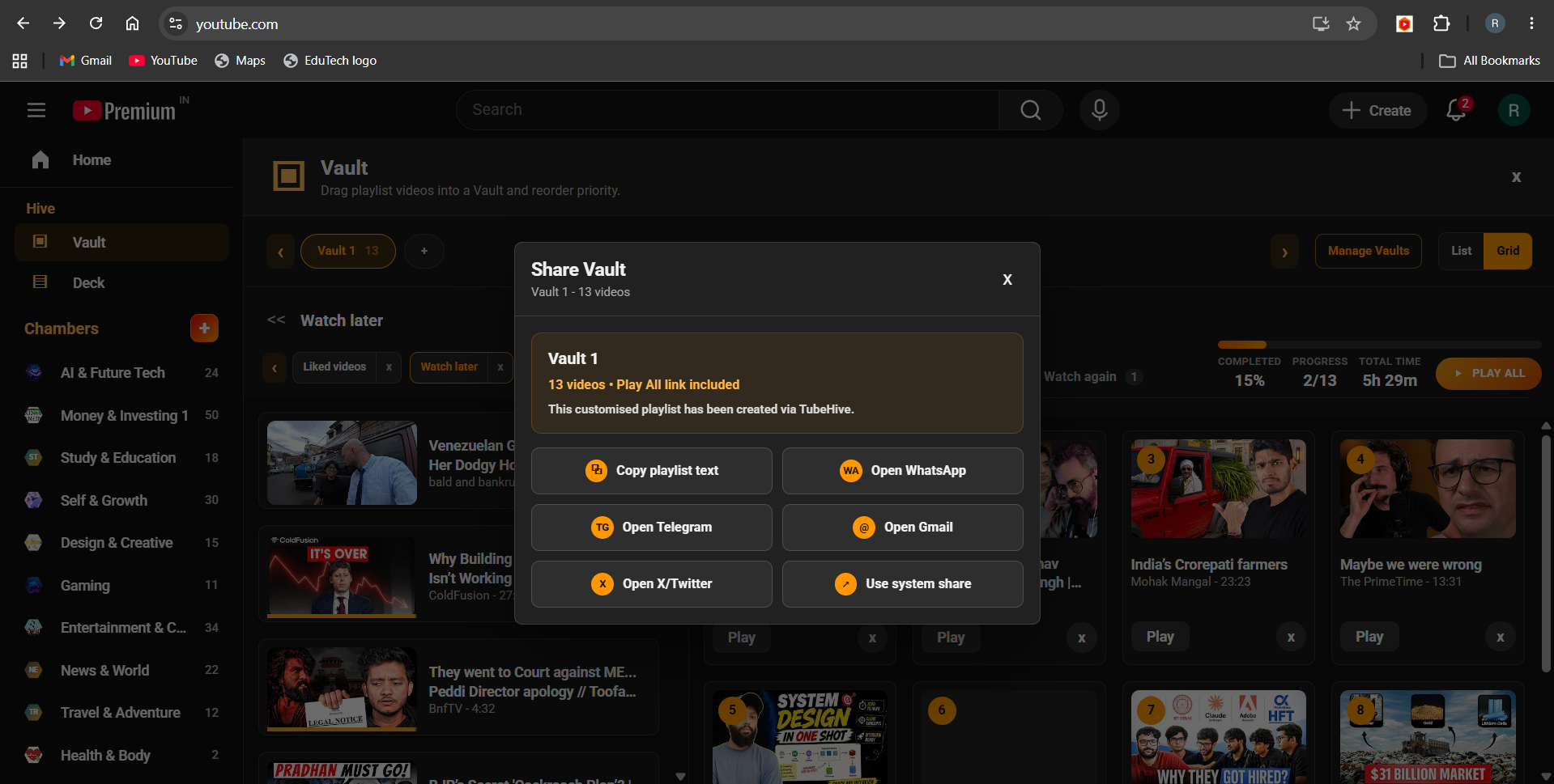 TubeHive share Vault interface